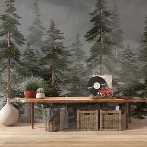Misty Pine Tree Forest Landscape Wallpaper, Green and gray Removable Mural, Seamless Forest Wallpaper, Classic Forest Decor, Vintage Nature