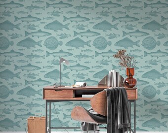 Fisherman Wallpaper, Bathroom Peel and Stick Wallpaper, Hunting and Fishing Wallpaper Coastal Fish Wallpaper Hunting Cabin Wallpaper