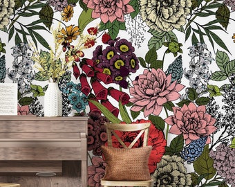 Moody Floral Wallpaper - Antique Painted Roses - Gothic Flower Maximalist Bouquet Removable Peel and Stick Wallpaper #184