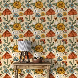 Vintage Pilze Tapete, Pilze und Kräuter botanische Tapete, schälen und aufkleben Vintage, Pilzdruck Abnehmbares Wandbild