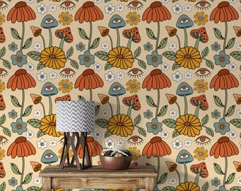 Vintage Mushrooms Wallpaper, Mushrooms and herbs botanical wallpaper, peel and stick vintage, Mushroom print Removable wall mural