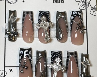 Uñas de opio plateadas y negras, conjunto de collar de cebra Alt Chrome, estampado de cebra de leopardo, uñas postizas de gel Y2K Baddie Press On, conjunto de L cuadradas cruzadas