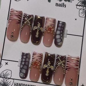 Red Gold Goddess Nails, Summer Beach Zebra Necklace, Flower Rhinestone Charm, Y2K Baddie Press On Gel Prom Set, L Square Cross Square Set