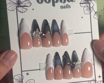 Uñas Opium negras y plateadas, set Alt Chrome Star, gel 3D Cat Eye, uñas postizas de gel a presión Y2K Aura Baddie, set de lujo con punta francesa de aguja larga