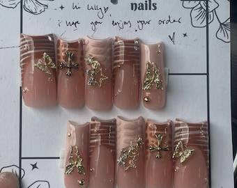Bruna guld neutrala naglar, Goddess Chrome Zebra Set, giraff fjärils aura nagelkedja, Y2K Baddie Press On Gel Lösnaglar, M Kors fyrkantiga