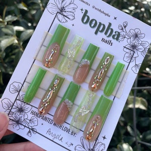 Lime Green Press On Nails for Prom or Special Events. Marble, Ombré, French Tips, Rhinestones. XL TAPERED Square Fake Nails. LEPRECHAUN