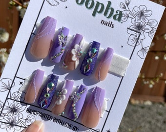Purple Prom Nails Long Coffin Press On. 3D Flower, Ombre, Glitter, &  Rhinestones. for Homecoming Handpainted Freestyle Made to Order. LAVISH -  Etsy Denmark