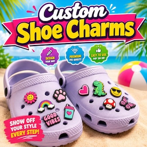May include: A pair of light purple clogs decorated with various colorful PVC shoe charms including a flower, rainbow, paw print, heart, dinosaur, smiley face, mushroom, butterfly, and a drink cup, with text reading Custom Shoe Charms.