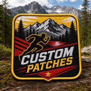 May include: A square embroidered patch with a yellow border featuring a black silhouette of a runner against a mountain and forest landscape. The text CUSTOM PATCHES is stitched in white and yellow, with a small yellow star at the bottom center.
