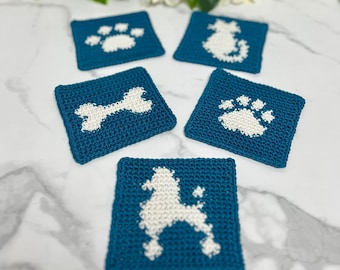 スクエア犬＆猫コースターかぎ針編みパターンセット - 5スタイル - PDF（デジタルダウンロード）