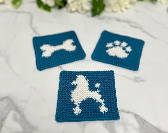 スクエア型犬コースターかぎ針編みパターンセット - 3種類 - プードル、骨、肉球 - PDF (デジタルダウンロード)
