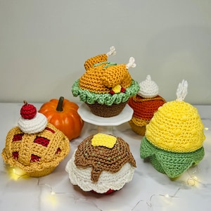 Thanksgiving Cupcake Crochet PATTERN SET~5 PATTERNS~Turkey, Cherry Pie, Mashed Potatoes and Gravy, Pumpkin Pie, Corn on the Cob~Amigurumi
