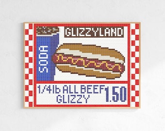 グリッジー ホットドッグソーダ 1.50 クロスステッチパターン - PDF 2枚（デジタルダウンロード）
