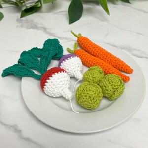 Puede incluir: Un plato blanco con verduras de ganchillo, incluyendo un rábano rojo y blanco, un nabo morado y blanco, dos coles de Bruselas verdes y dos zanahorias naranjas.
