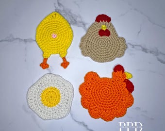 チキンコースターのかぎ針編みパターンセット - 4デザイン - PDF（デジタルダウンロード）