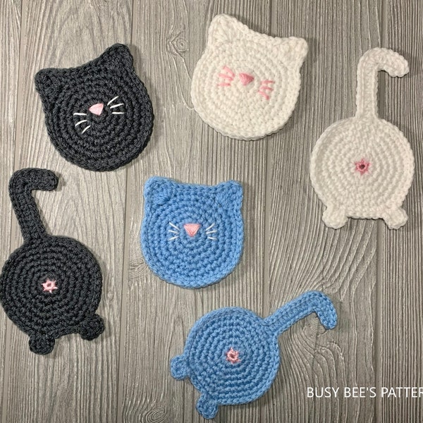 Kitty Coaster Set PATTERN  2 Patterns included  Bumhole Cat Coaster  Kitty Cat Coaster  Cat Lover Gift  Cat Crochet Pattern Set