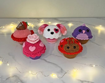 バレンタインデー カップケーキ かぎ針編みパターンセット - 5スタイル - PDF (デジタルダウンロード)