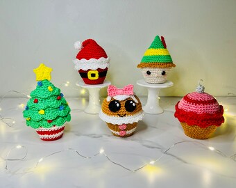 クリスマスカップケーキかぎ針編みパターンセット - 5デザイン - PDF（デジタルダウンロード）