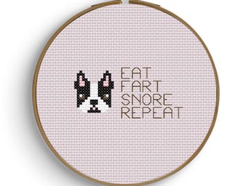 ボストンテリア - クロスステッチパターン - 食べる、おなら、いびき、繰り返し - PDF 2 枚 (デジタルダウンロード)