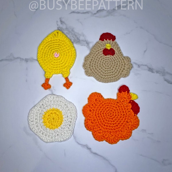 Chicken Coaster PATTERN Set~4 Patterns included~Fried Egg, Chicken Butt, Bow Tie Wattle Chicken, and Side Profile Chicken Coaster