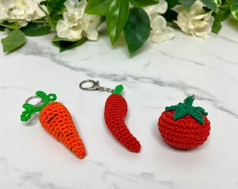 Crochet Veggie Keychains - Tomato, Carrot, Cayenne Pepper