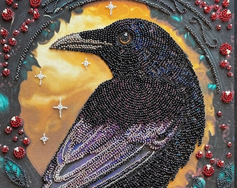 DIY Bead Embroidery Kit Crow, GIFT Size: 25×35 cm (9.8"×13.8") | Abris art