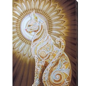 May include: A detailed painting of a cat with a sunburst halo. The cat is white and gold, with intricate patterns and designs. The background is a gradient of brown and gold. The artwork has the text "ABRIS ART" in the bottom right corner.