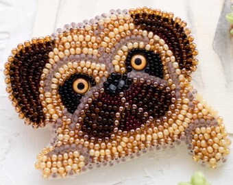 パグ犬の刺繍ブローチ DIY クラフト キット、ビーズ ブローチ作り用手