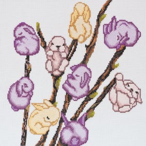 Kit de punto de cruz DIY sobre lienzo: Conejitos de flores. REGALO. Tamaño: 26 x 27 cm (10,2 x 10,6 pulgadas)