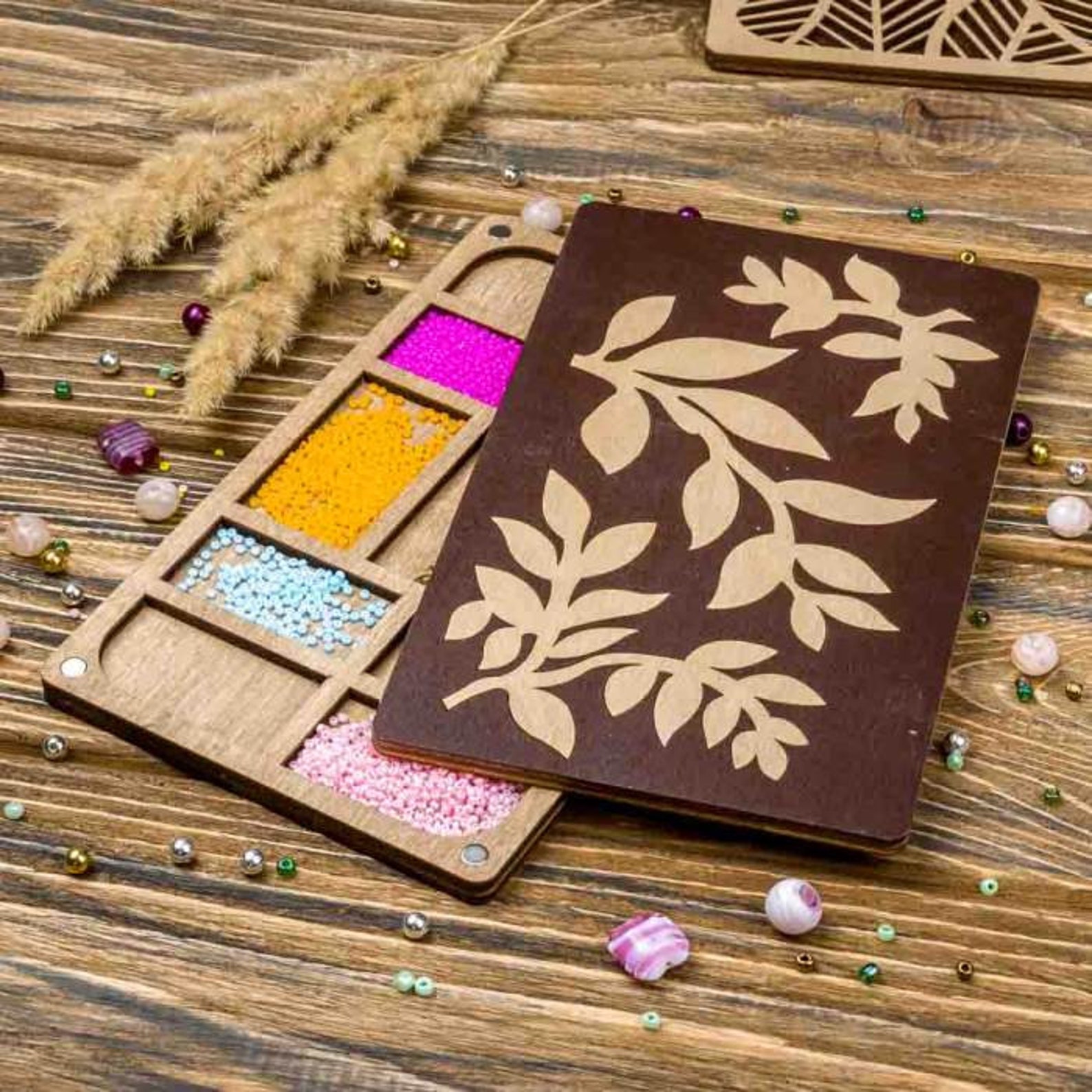 Wood bead organizer tray with lid Flowers bead Etsy