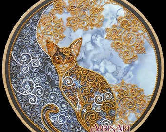 DIY Bead Embroidery Kit "Moon cat" Size: 12.6"х12.6" (32x32 cm), GIFT | Abris art
