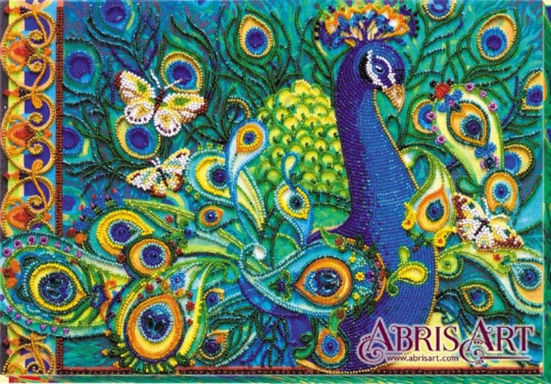 DIY Bead Embroidery Kit Motley peacock, GIFT. Size: 10.215 2638 cm Abris art image 1