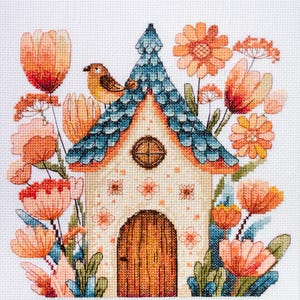 DIY Cross Stitch Kit On Canvas Bird House, GIFT. Size: 7.9&quot;×8.2&quot; (20x21 cm)
