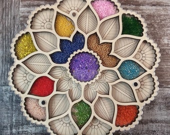 Wood Bead Organizer Tray With Lid Mandala Flower, Bead Storage, Bead Board, Wood Bead Tray GIFT
