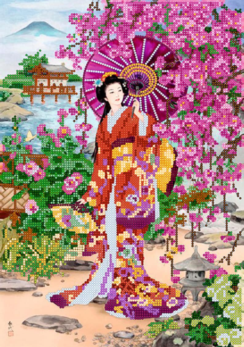 DIY Bead Embroidery Kit on art canvas Geisha and sakura Girl Size GIFT 23\u00d733 sm