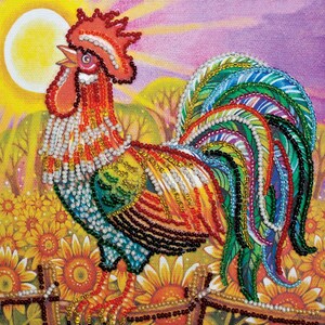 May include: A colorful beaded rooster illustration. The rooster is depicted in a field of sunflowers with a rising sun in the background. The rooster's feathers are a mix of red, orange, yellow, green, and blue beads.