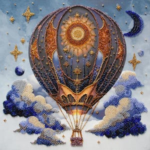 May include: A beaded artwork depicting a hot air balloon with a sun design, surrounded by stars, clouds, and a crescent moon. The balloon is primarily gray with gold and blue accents. The clouds are white and blue.