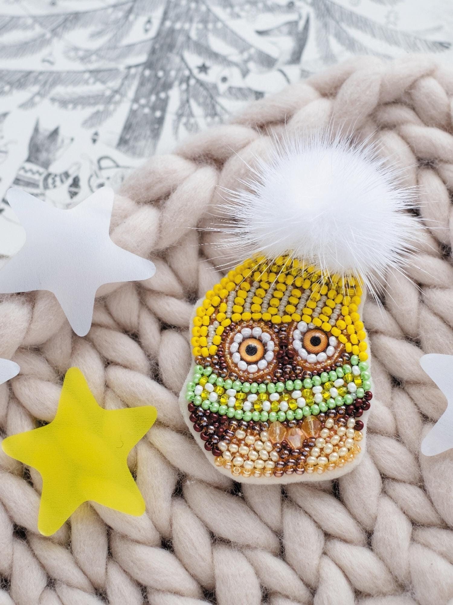 DIY Bead Brooch Kit Little Owl Bead Embroidery Kit Size: 1.7"&times;2.2" (4.4x5.7 cm), GIF