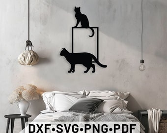 壁アート かわいい猫のレーザーカット ベクター ファイル、猫 dxf、猫のシルエット、猫 SVG ホーム デコレーション、猫パネル SVG、DXF SVG プラズマ カット