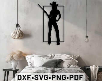Cowgirl Gunslinger Laser Cut Dxf Glowforge Svg Wall Art, Adesivo in vinile tagliato per router CNC Cowgirl, File di taglio svg del selvaggio West Cowgirl, Cowgirl svg