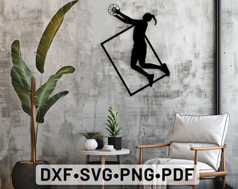 Fichiers de basket-ball femme découpés au laser Dxf, art mural basket-ball découpé au laser art mural svg basket-ball clipart, basket-ball Dxf fille basket-ball png