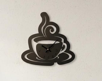 Tasse à café horloge murale Dxf CDR Svg, fichier svg découpé au laser horloge murale, horloge murale décorative Glowforge svg, cricut horloge murale numéros dxf