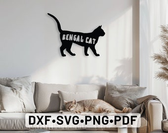 Archivos vectoriales cortados con láser para arte de pared de gato de Bengala, gato dxf, silueta de gato, decoración del hogar con gato, panel de gato Svg, gato de Bengala svg, silueta de gato de Bengala