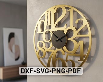 Design horloge murale Dxf CDR Svg, fichier svg découpé au laser horloge murale, horloge murale décorative Glowforge svg, cricut horloge murale numéros dxf