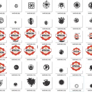 May include: A collection of 127 different watch face designs. The designs include a variety of styles, from simple and classic to intricate and modern. Many of the designs feature the word "Special" in a red circle.