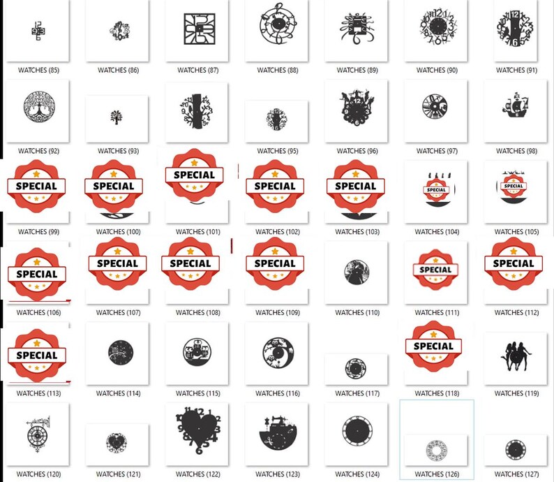 May include: A collection of 127 different watch face designs. The designs include a variety of styles, from simple and classic to intricate and modern. Many of the designs feature the word "Special" in a red circle.