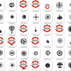 May include: A collection of 77 different clock designs, including a variety of styles, shapes, and patterns. The designs are displayed in a grid format, with each design labeled with the word "WATCHES" and a number. Some of the designs feature the word "SPECIAL" in a red circle.
