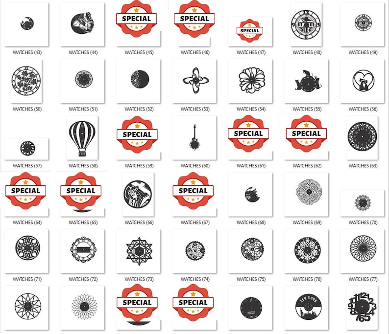 May include: A collection of 77 different clock designs, including a variety of styles, shapes, and patterns. The designs are displayed in a grid format, with each design labeled with the word "WATCHES" and a number. Some of the designs feature the word "SPECIAL" in a red circle.
