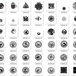May include: A collection of 35 black and white clock designs. The designs feature various themes, including animals, nature, and abstract patterns. The clocks are all circular and have a simple, minimalist style.