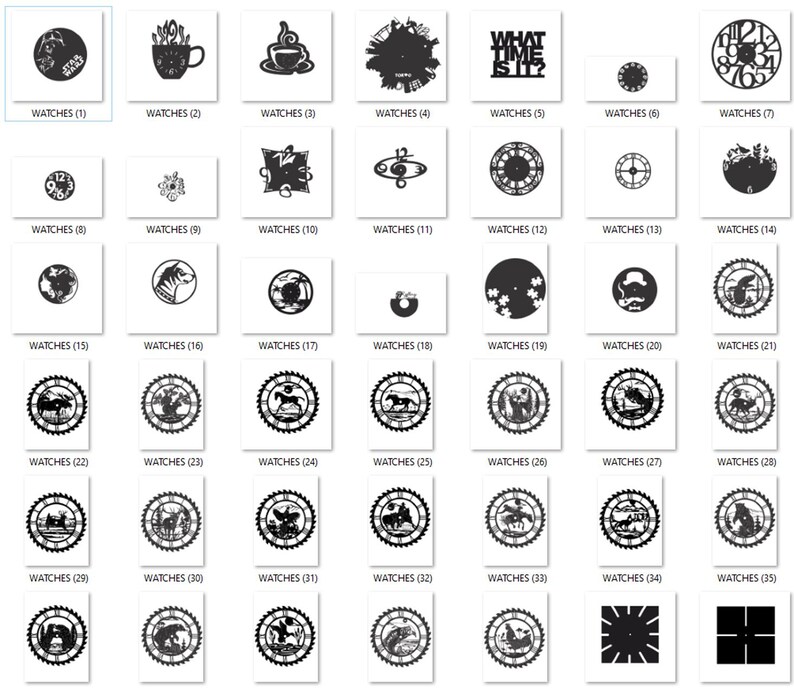 May include: A collection of 35 black and white clock designs. The designs feature various themes, including animals, nature, and abstract patterns. The clocks are all circular and have a simple, minimalist style.
